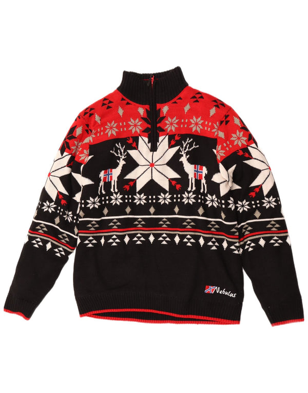 Nebulus Mens Sherpa Zip Neck Jumper Sweater UK 40 Medium Black Fair Isle