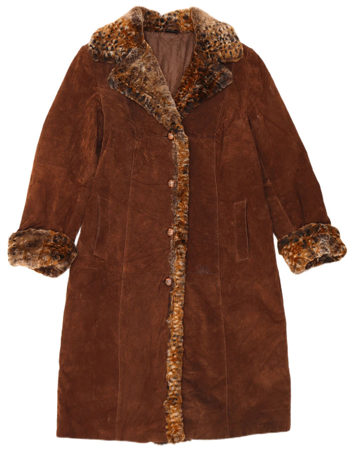 Vintage Womens Suede Overcoat UK 14 Large Brown Animal Print Leather