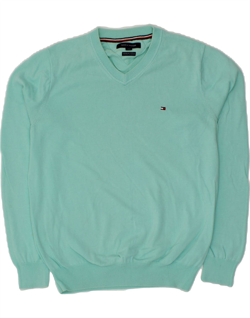 TOMMY HILFIGER Mens V-Neck Jumper Sweater Medium Turquoise Cotton Vintage Tommy Hilfiger and Second-Hand Tommy Hilfiger from Messina Hembry 