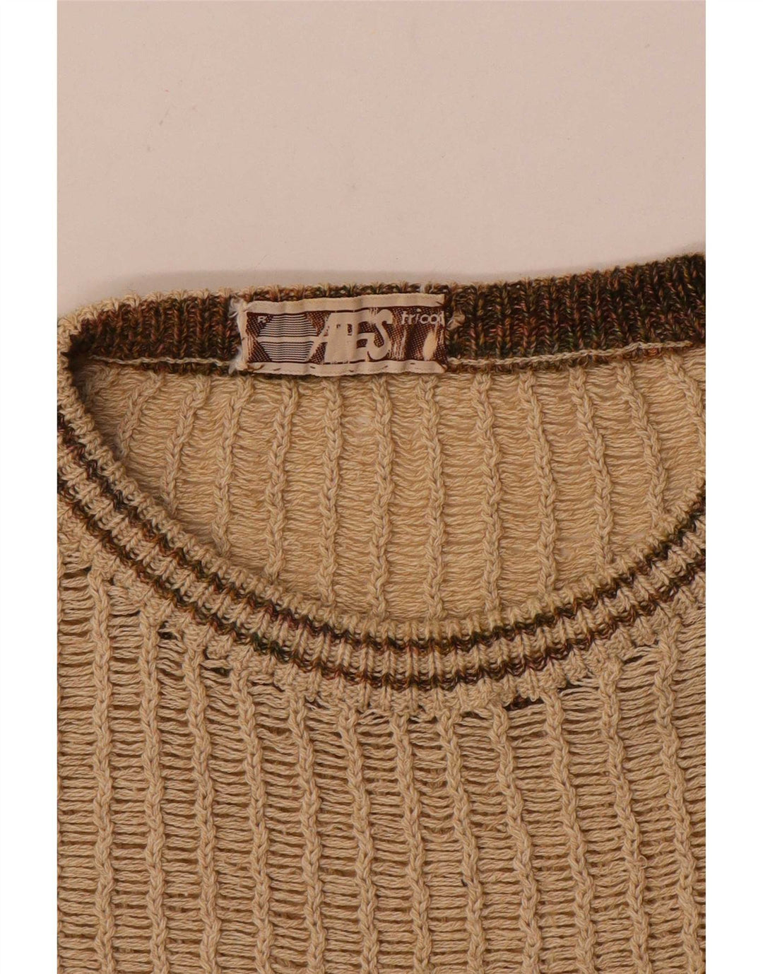 Vintage Mens Boat Neck Jumper Sweater Medium Beige Striped