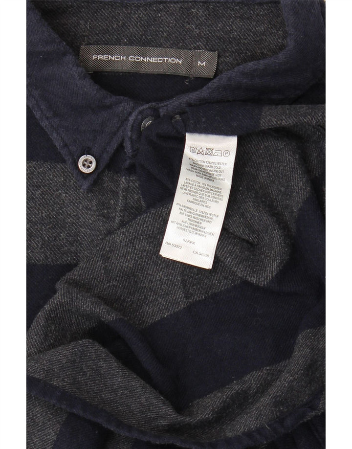 French Connection Mens Flannel Shirt Medium Navy Blue Striped Cotton