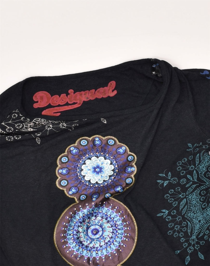 DESIGUAL Womens Graphic Top Long Sleeve UK 14 Medium Black Floral Viscose | Vintage Desigual | Thrift | Second-Hand Desigual | Used Clothing | Messina Hembry 