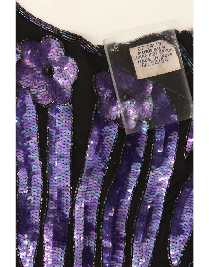 Vintage Womens Evening Sequin 3/4 Sleeve Blouse Top EU 52 2XL Black Floral