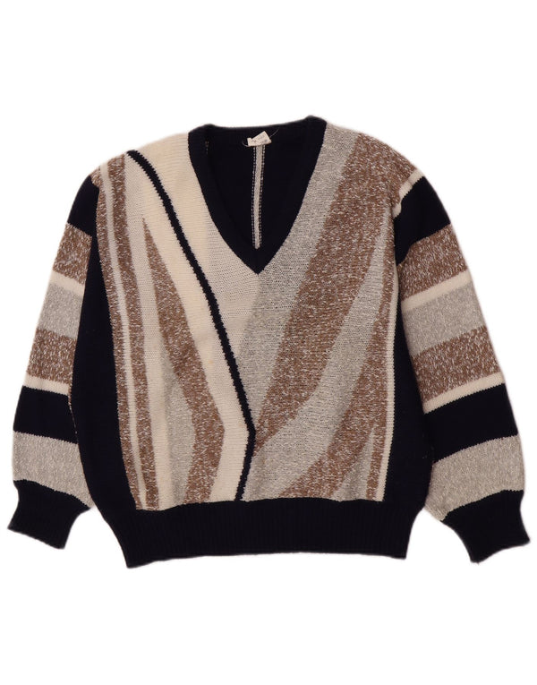 Vintage Womens V-Neck Jumper Sweater IT 44 Medium Navy Blue Colourblock