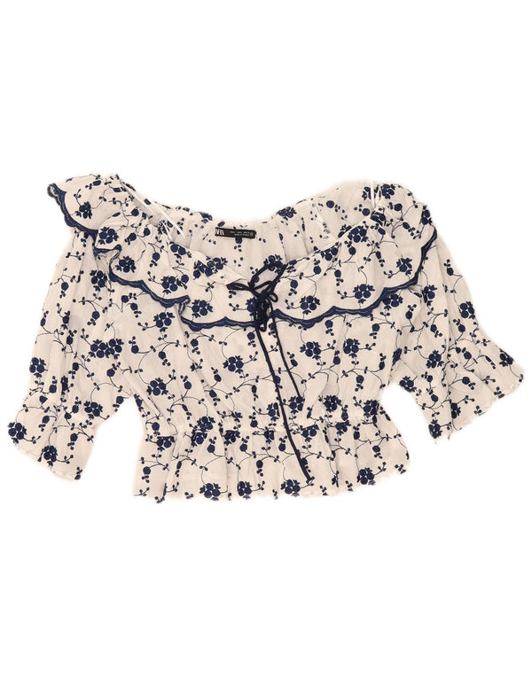 Zara Womens Crop Off Shoulder Blouse Top UK 14 Large White Floral Cotton