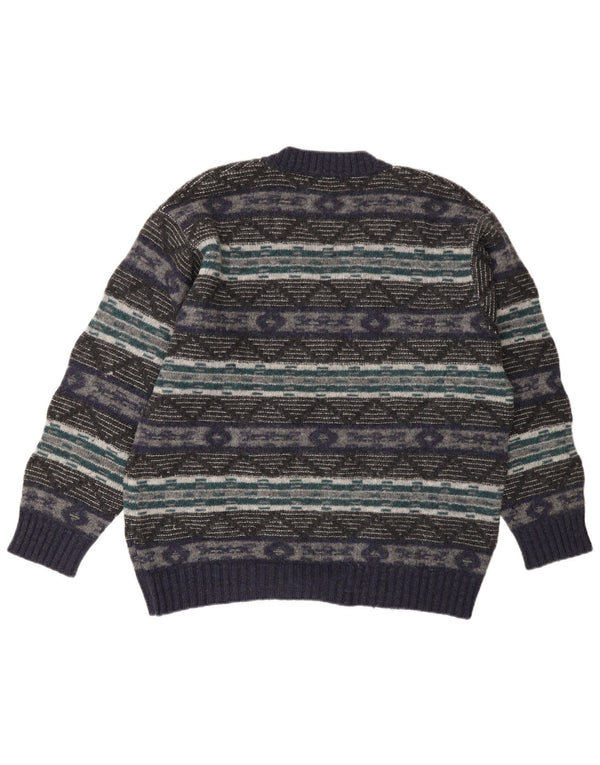 Benetton Mens V-Neck Jumper Sweater XL Purple Geometric Wool
