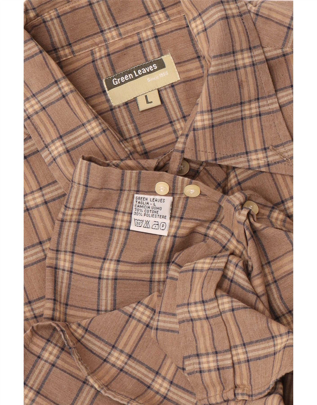 Green Leaves Mens Shirt Large Brown Check Cotton
