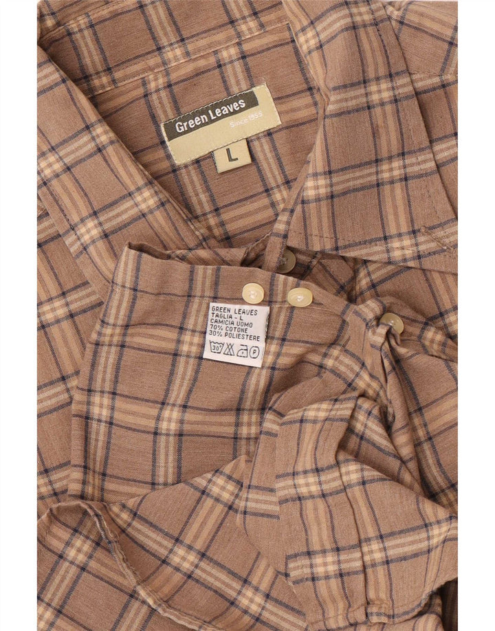 Green Leaves Mens Shirt Large Brown Check Cotton