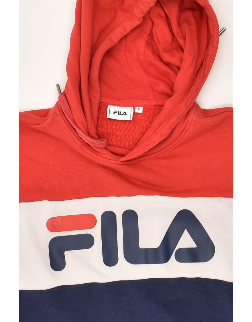 FILA Womens Graphic Hoodie Jumper UK 10 Small Red Colourblock Cotton | Vintage Fila | Thrift | Second-Hand Fila | Used Clothing | Messina Hembry 