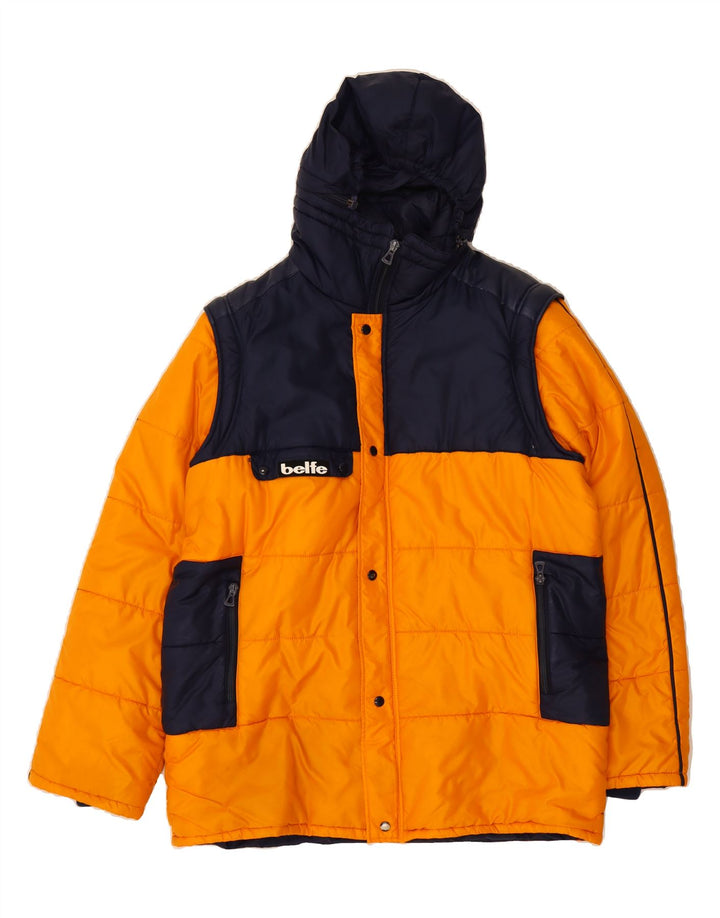 BELFE Mens Hooded Padded Jacket IT 52 XL Orange Colourblock Polyamide Vintage Belfe and Second-Hand Belfe from Messina Hembry 