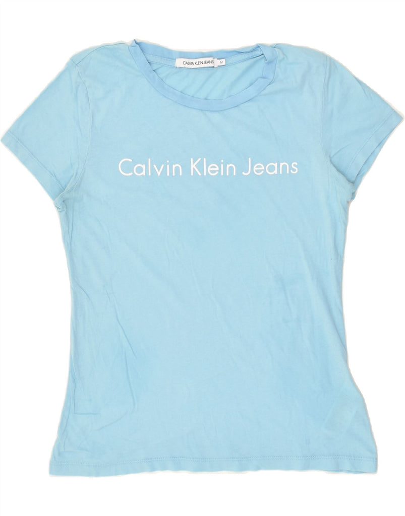 CALVIN KLEIN Womens Graphic T-Shirt Top UK 12 Medium Blue Cotton | Vintage Calvin Klein | Thrift | Second-Hand Calvin Klein | Used Clothing | Messina Hembry 