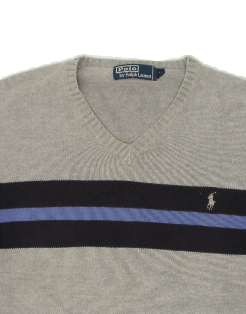 POLO RALPH LAUREN Mens V-Neck Jumper Sweater Medium Grey Colourblock | Vintage Polo Ralph Lauren | Thrift | Second-Hand Polo Ralph Lauren | Used Clothing | Messina Hembry 