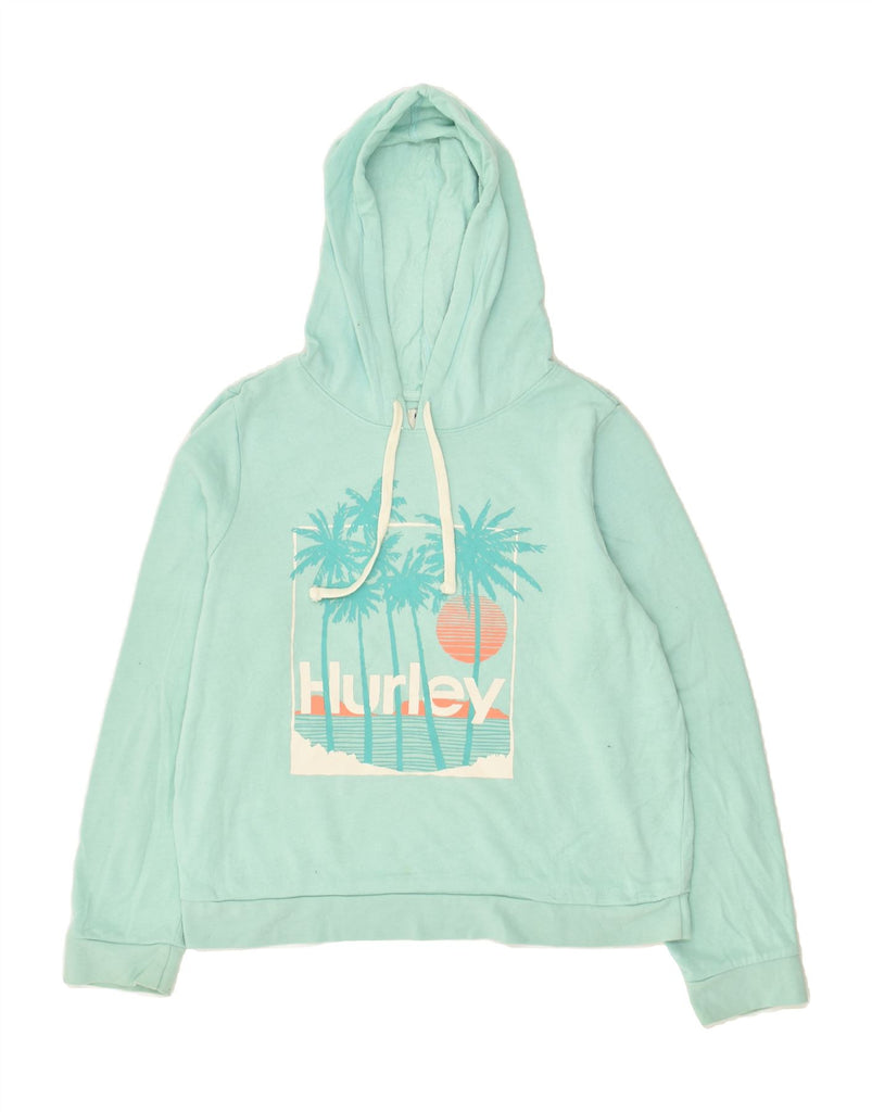 HURLEY Womens Graphic Hoodie Jumper UK 14 Medium Turquoise Cotton | Vintage Hurley | Thrift | Second-Hand Hurley | Used Clothing | Messina Hembry 