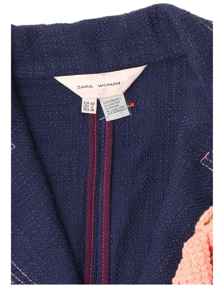 Zara Womens 3/4 Sleeve 1 Button Blazer Jacket EU 40 Medium Navy Blue Cotton
