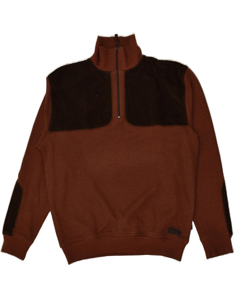 ENGBERS Mens Zip Neck Jumper Sweater Medium Brown Colourblock Cotton | Vintage Engbers | Thrift | Second-Hand Engbers | Used Clothing | Messina Hembry 