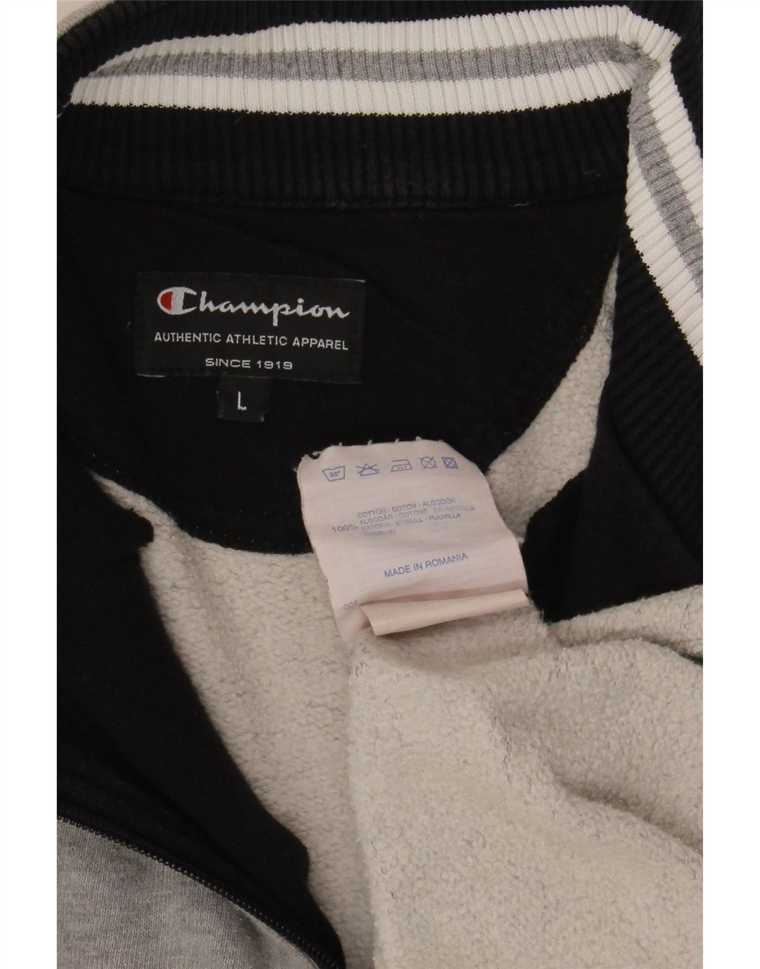 Champion Mens Zip Neck Sweatshirt Jumper Large Grey Striped Cotton