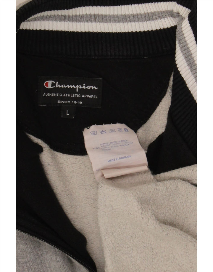 Champion Mens Zip Neck Sweatshirt Jumper Large Grey Striped Cotton