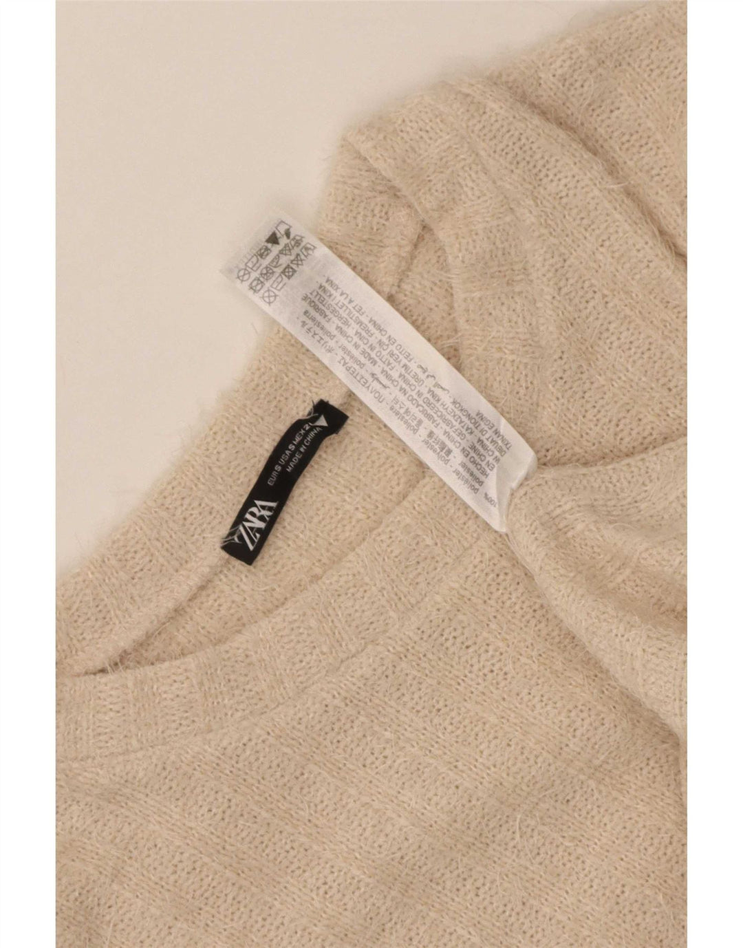 Zara Womens Crew Neck Jumper Sweater UK 10 Small Beige Striped Polyester