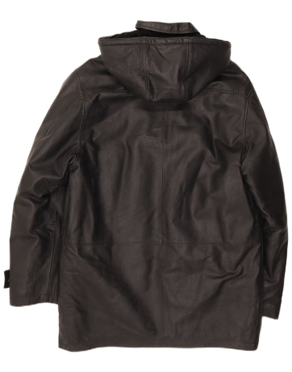 Vintage Mens Hooded Leather Jacket IT 50 Large Black Leather