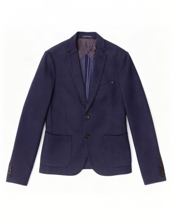 Zara Mens 2 Button Blazer Jacket EU 50 Medium Navy Blue Spotted Cotton