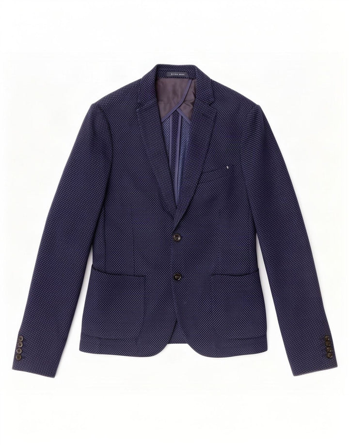 Zara Mens 2 Button Blazer Jacket EU 50 Medium Navy Blue Spotted Cotton