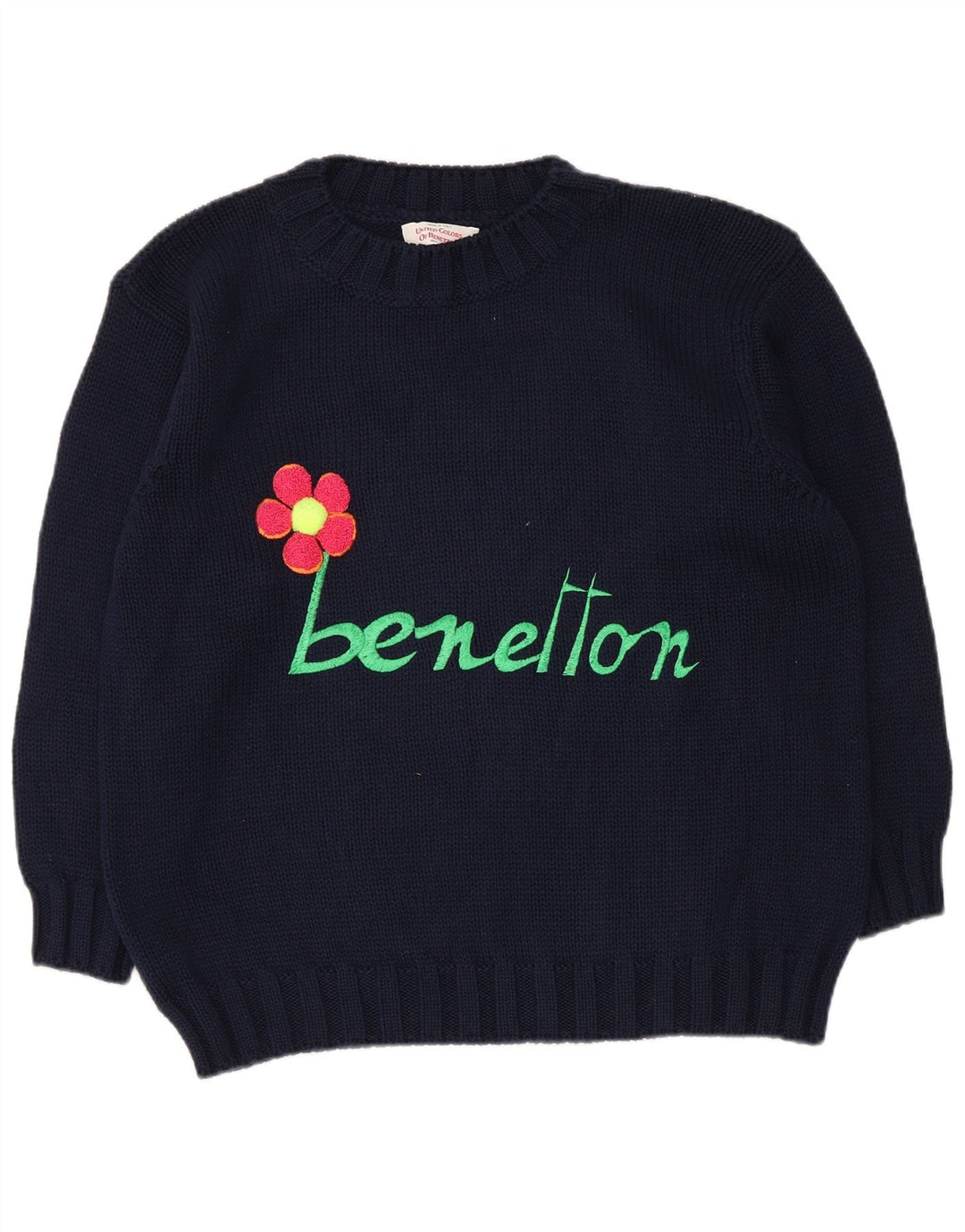 Benetton Womens Crew Neck Jumper Sweater IT 42 Medium Navy Blue Floral