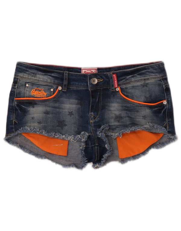 Superdry Womens Graphic Denim Hot Pants W28 Medium Navy Blue Geometric