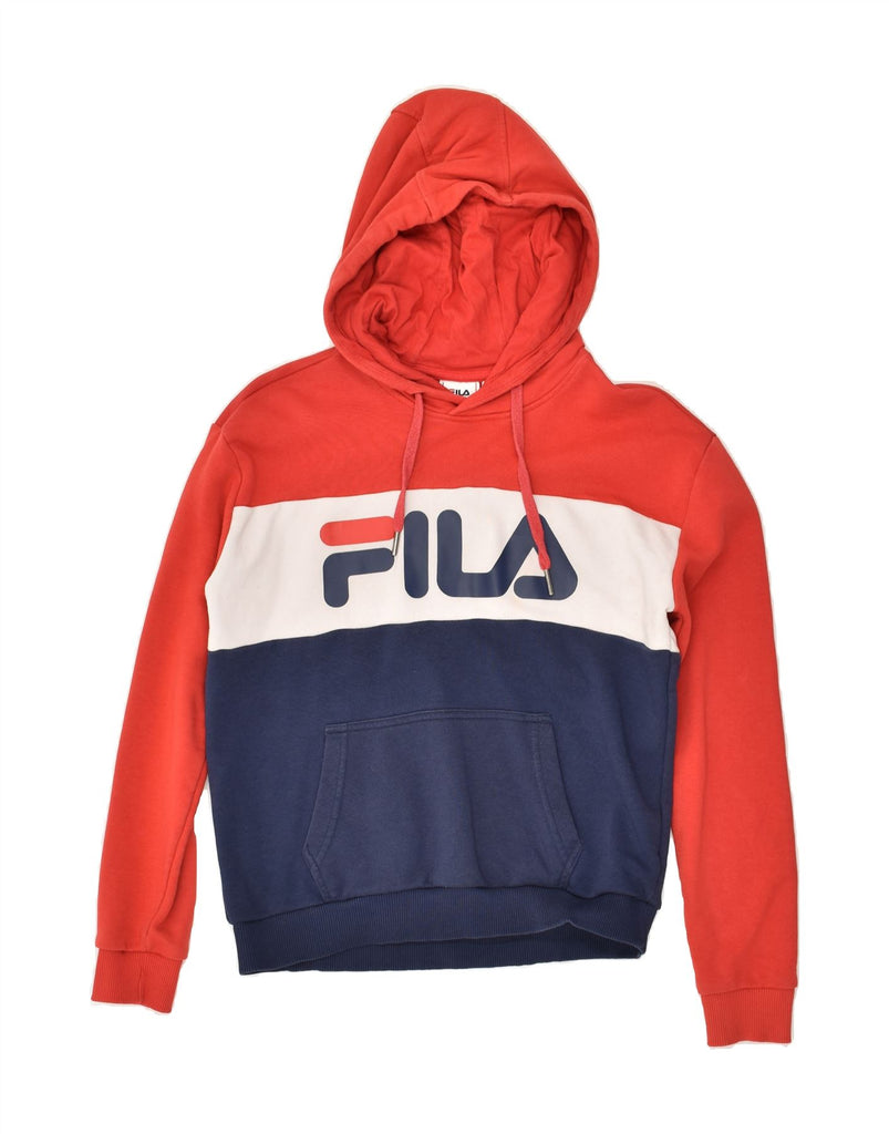 FILA Womens Graphic Hoodie Jumper UK 10 Small Red Colourblock Cotton | Vintage Fila | Thrift | Second-Hand Fila | Used Clothing | Messina Hembry 