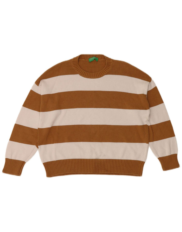 Benetton Womens Crew Neck Jumper Sweater UK 10 Small Brown Striped