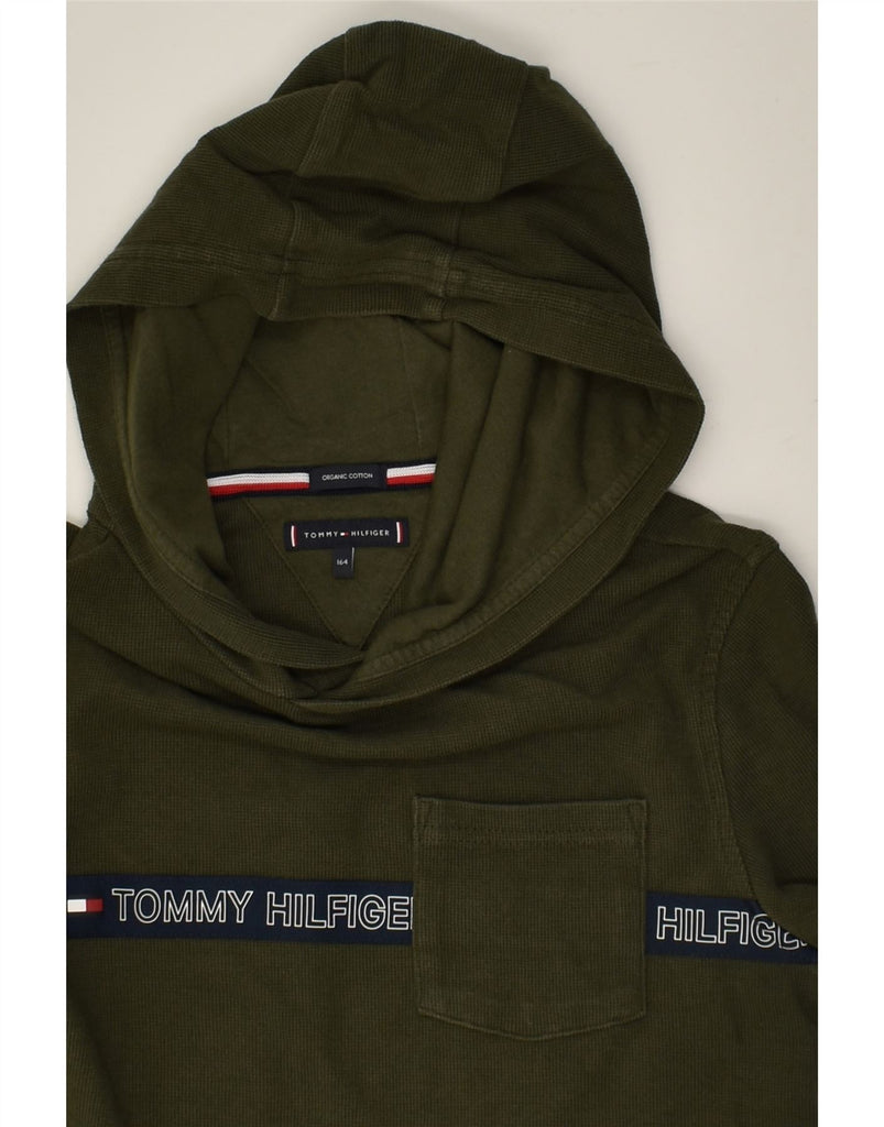 TOMMY HILFIGER Boys Graphic Hoodie Jumper 13-14 Years Khaki Cotton | Vintage Tommy Hilfiger | Thrift | Second-Hand Tommy Hilfiger | Used Clothing | Messina Hembry 