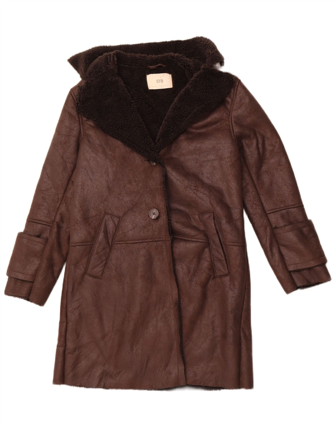STRADIVARIUS Womens Oversized Sherpa Overcoat UK 6 XS Brown Polyester