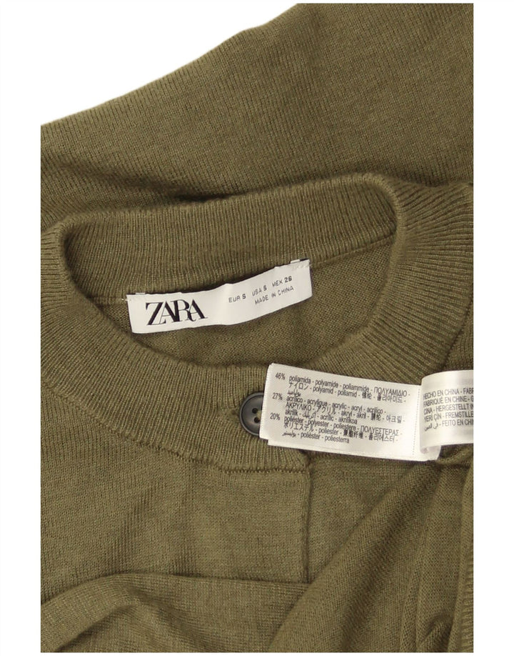 Zara Womens Crop Cardigan Sweater UK 10 Small Khaki Polyamide
