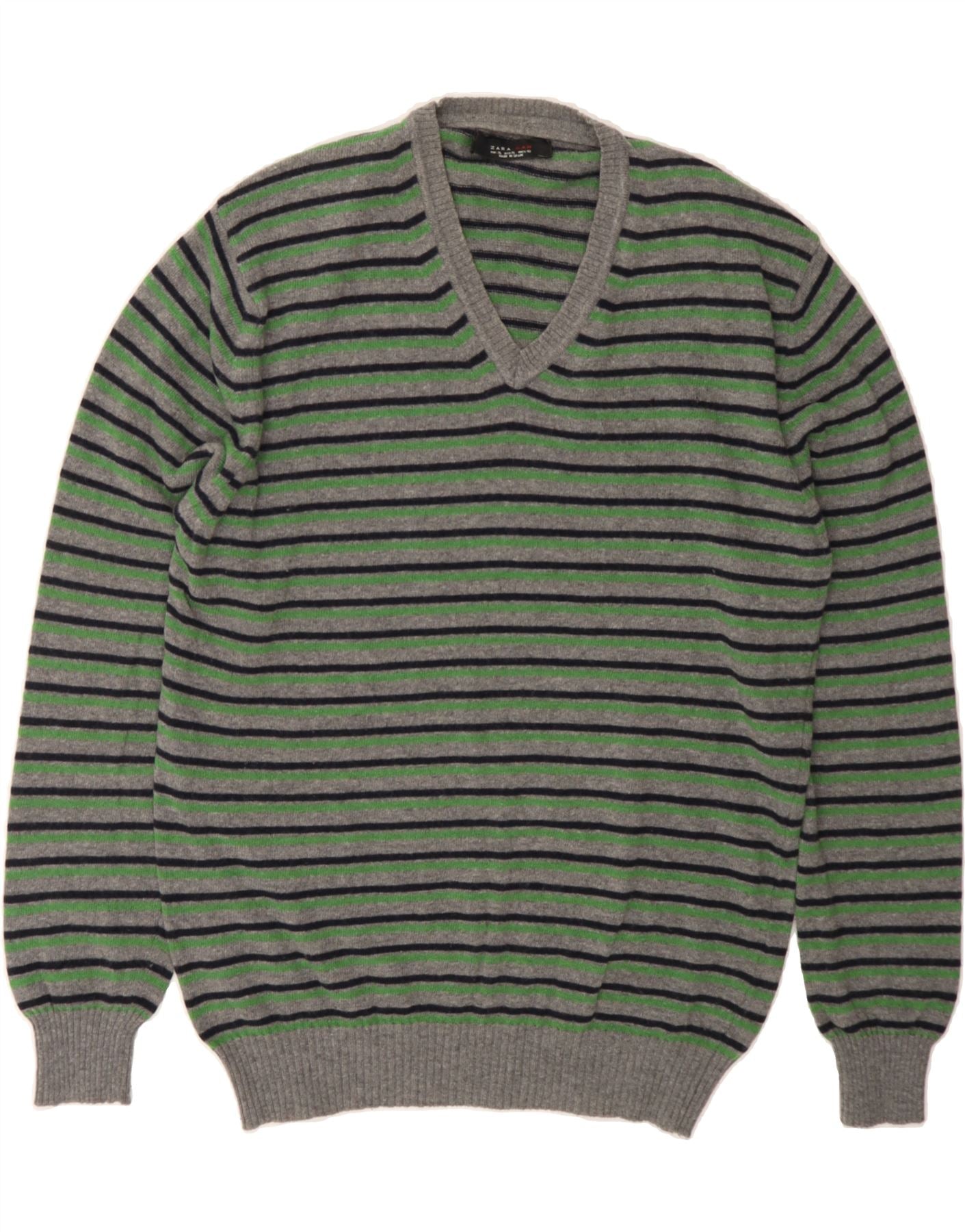 Pull col V ZARA pour homme, taille XL, gris, rayé, laine