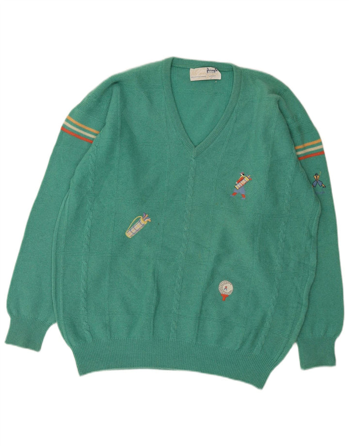 Pringle Mens V-Neck Jumper Sweater Large Turquoise Striped Wool