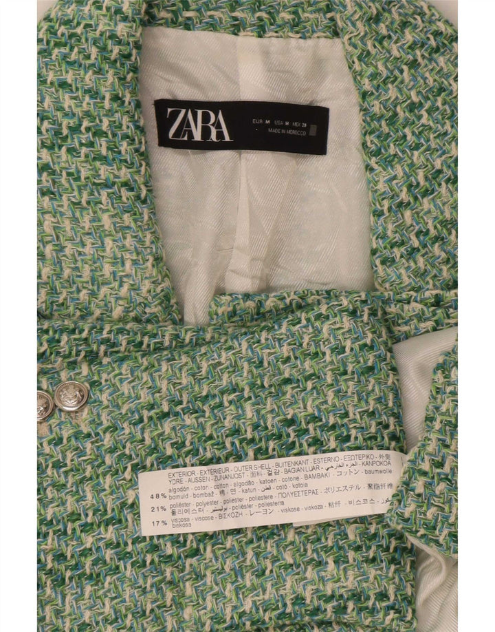 Zara Womens Double Breasted Blazer Jacket UK 12 Medium Green Cotton