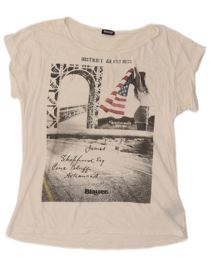 Blauer Womens Oversized Graphic T-Shirt Top UK 10 Small Off White Cotton