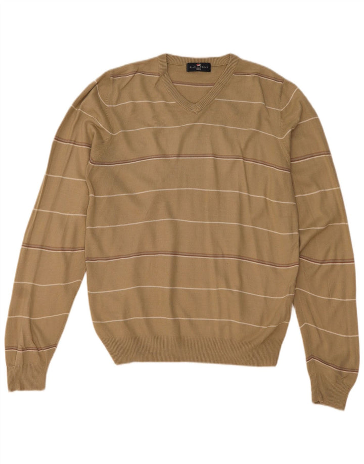 Marks & Spencer Mens Blue Harbour V-Neck Jumper Sweater Small Beige Striped