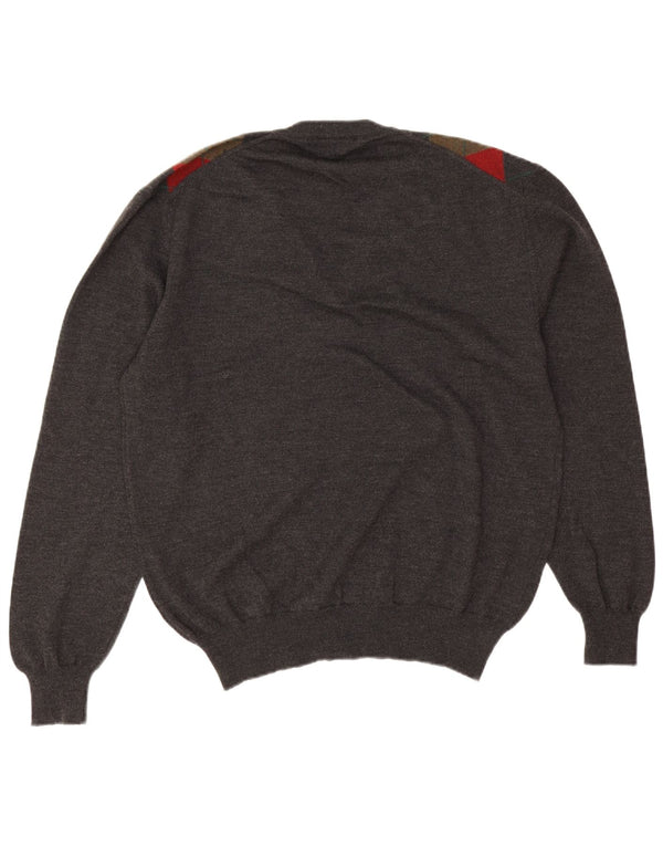 Vintage Mens V-Neck Jumper Sweater IT 50 Medium Grey Argyle/Diamond