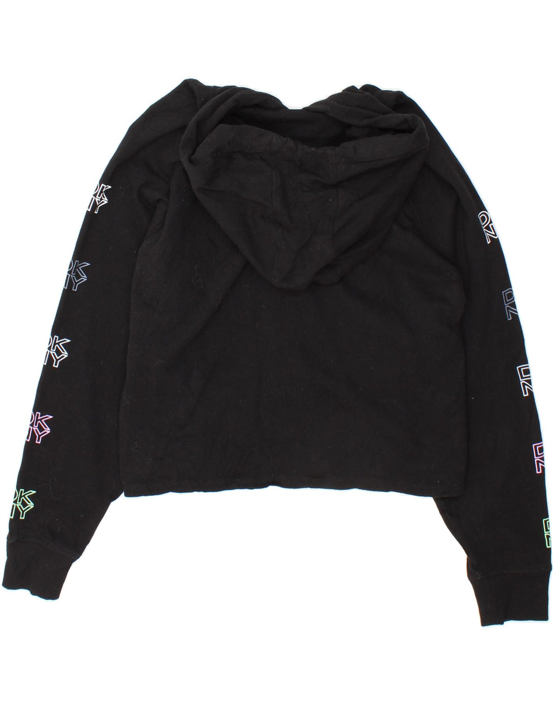 DKNY Womens Oversized Graphic Crop Hoodie Jumper UK 12 Medium Black Vintage Dkny and Second-Hand Dkny from Messina Hembry 