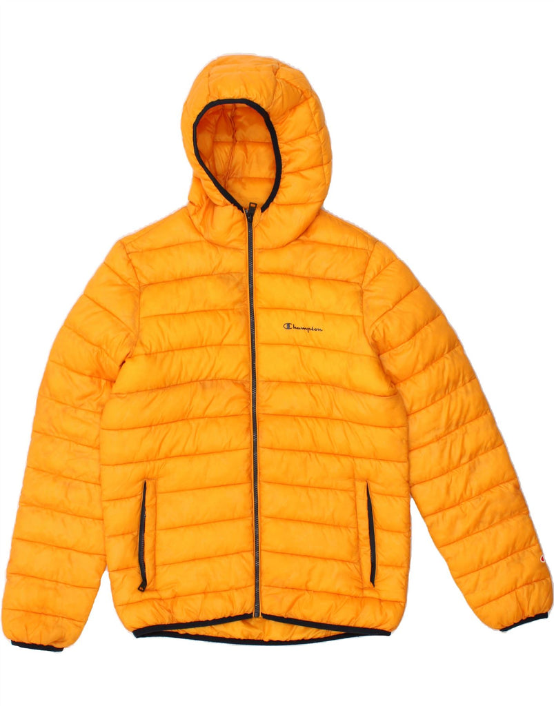 CHAMPION Mens Hooded Padded Jacket UK 38 Medium Yellow Polyester | Vintage Champion | Thrift | Second-Hand Champion | Used Clothing | Messina Hembry 