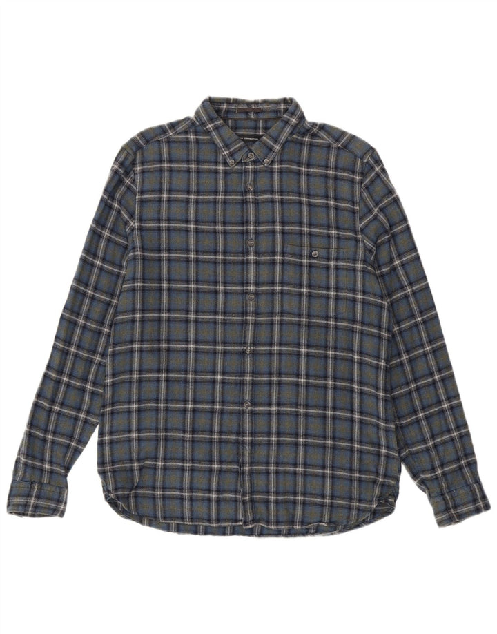 French Connection Mens Slim Flannel Shirt Large Blue Check Cotton