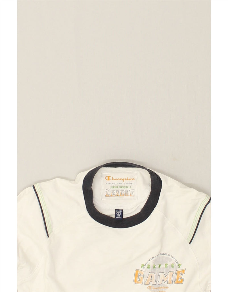 CHAMPION Boys Graphic Top Long Sleeve 7-8 Years Small  White Colourblock | Vintage Champion | Thrift | Second-Hand Champion | Used Clothing | Messina Hembry 