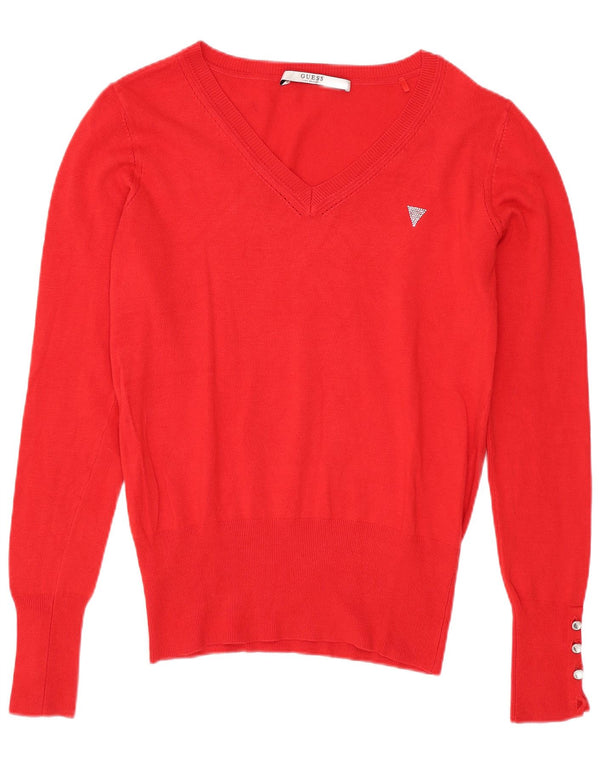 Guess Womens V-Neck Jumper Sweater UK 4 XS Red Viscose