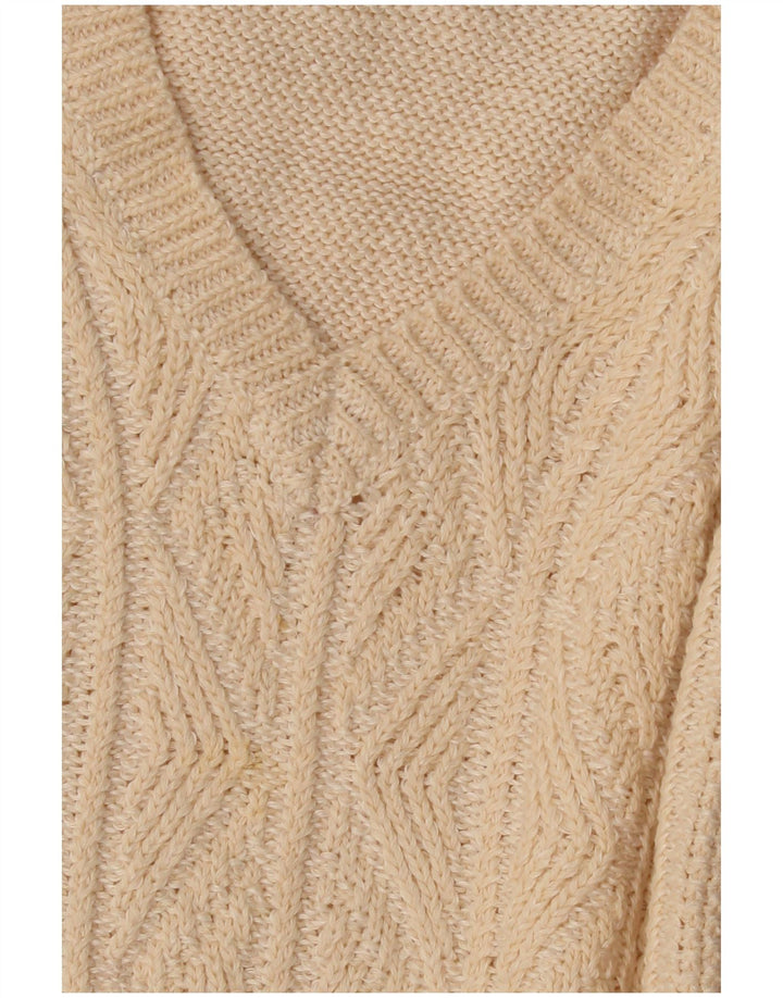 Inis Meain Womens V-Neck Jumper Sweater UK 14 Medium Beige Argyle/Diamond