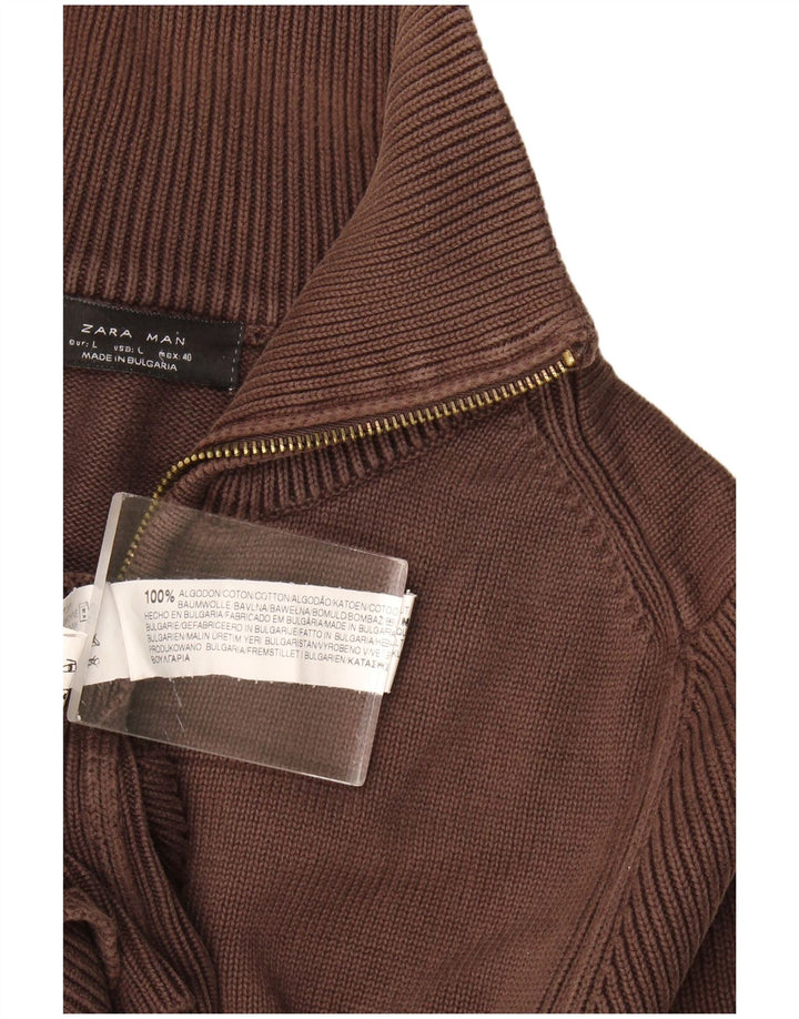 Zara Mens Cardigan Sweater Large Brown Cotton
