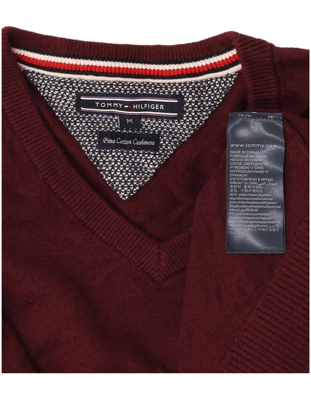Tommy Hilfiger Mens V-Neck Jumper Sweater Medium Burgundy Cotton