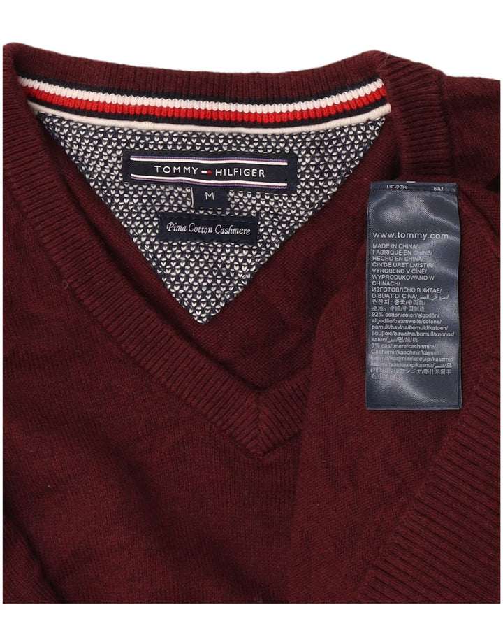 Tommy Hilfiger Mens V-Neck Jumper Sweater Medium Burgundy Cotton