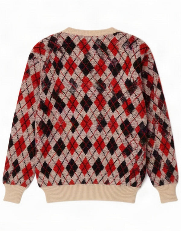 Vintage Mens V-Neck Jumper Sweater Medium Red Argyle/Diamond Acrylic