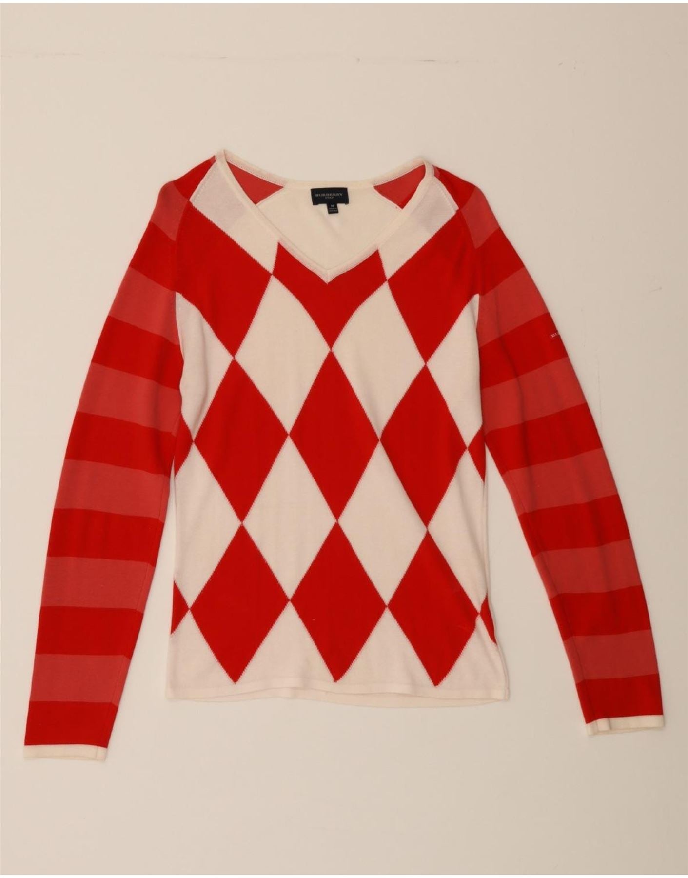 BURBERRY Womens V Neck Jumper Sweater UK 12 Medium Red Argyle Diamond Vintage Second Hand Clothing Online Messina Hembry