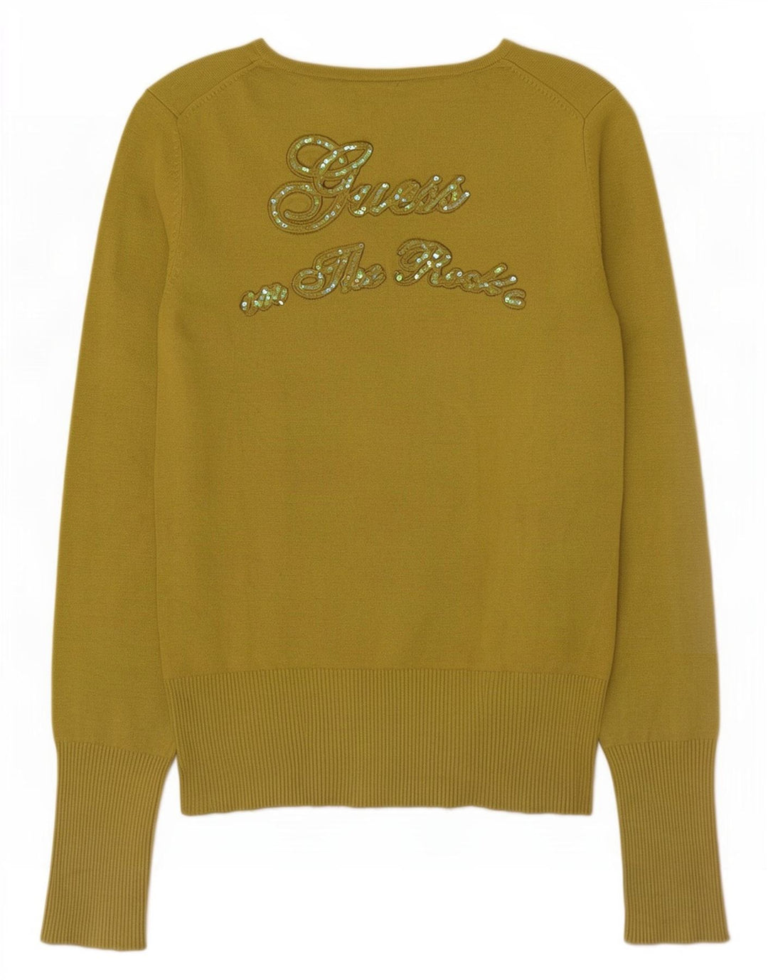 Guess Womens Graphic V-Neck Jumper Sweater UK 16 Medium Green Viscose